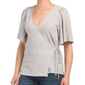 LUCKY BRAND White + Navy Striped Short Sleeve Women's Wrap Knit Top NWT Medium